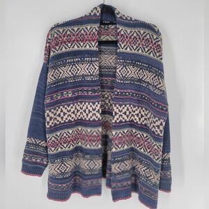 Chaps‎ Womans Open Long Cardigan Blue Southwest Print Cotton Blend Sz Large